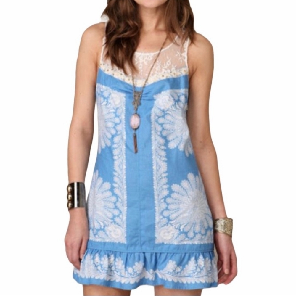 Free People Barbary Coast Linen Floral Lace Dress